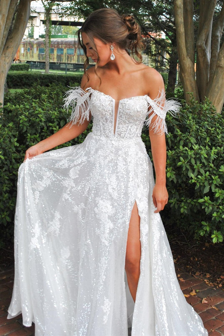dressimeA Line Appliques Slit Long Prom Dresses with Feather