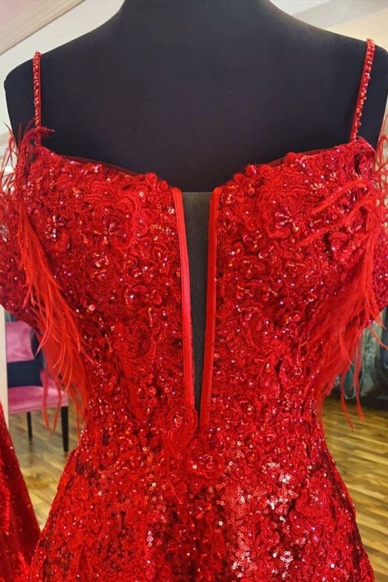 A Line Appliques Slit Long Prom Dresses with Feather