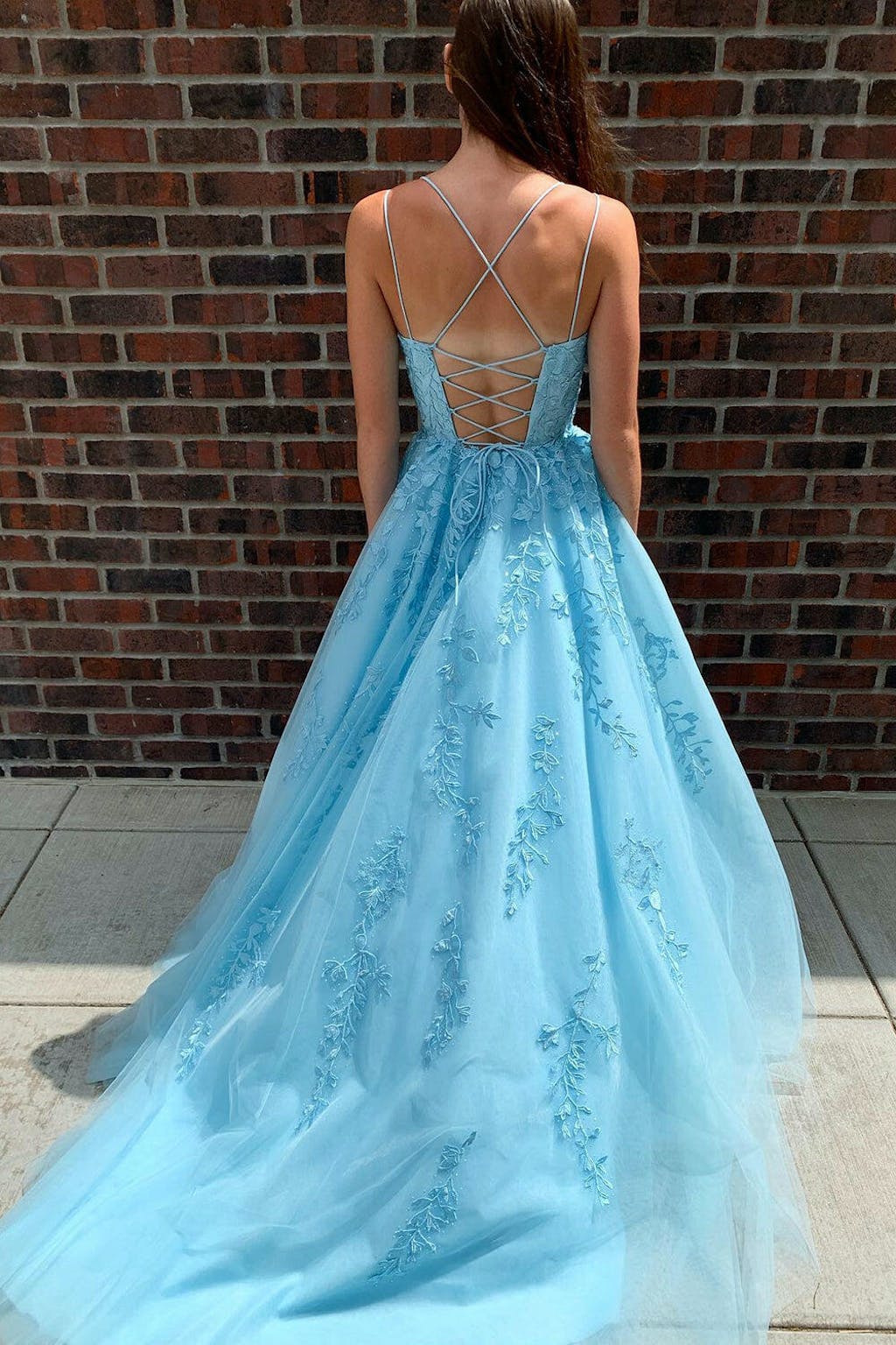 A Line Appliques Spaghetti Straps Long Prom Dresses