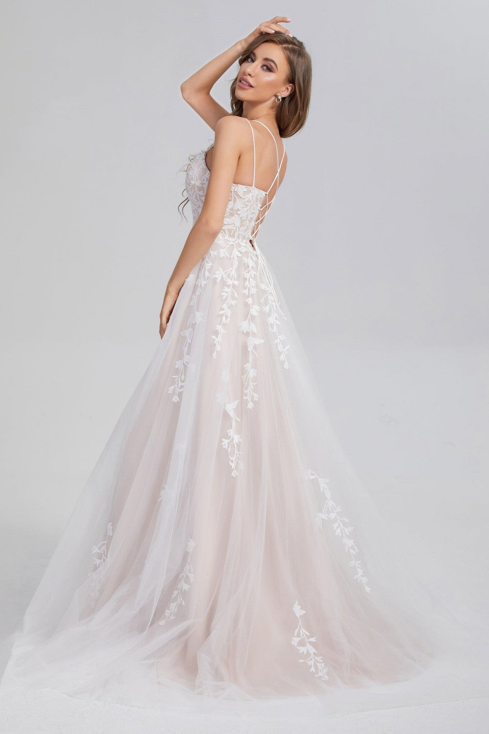 A Line Appliques Spaghetti Straps Long Prom Dresses
