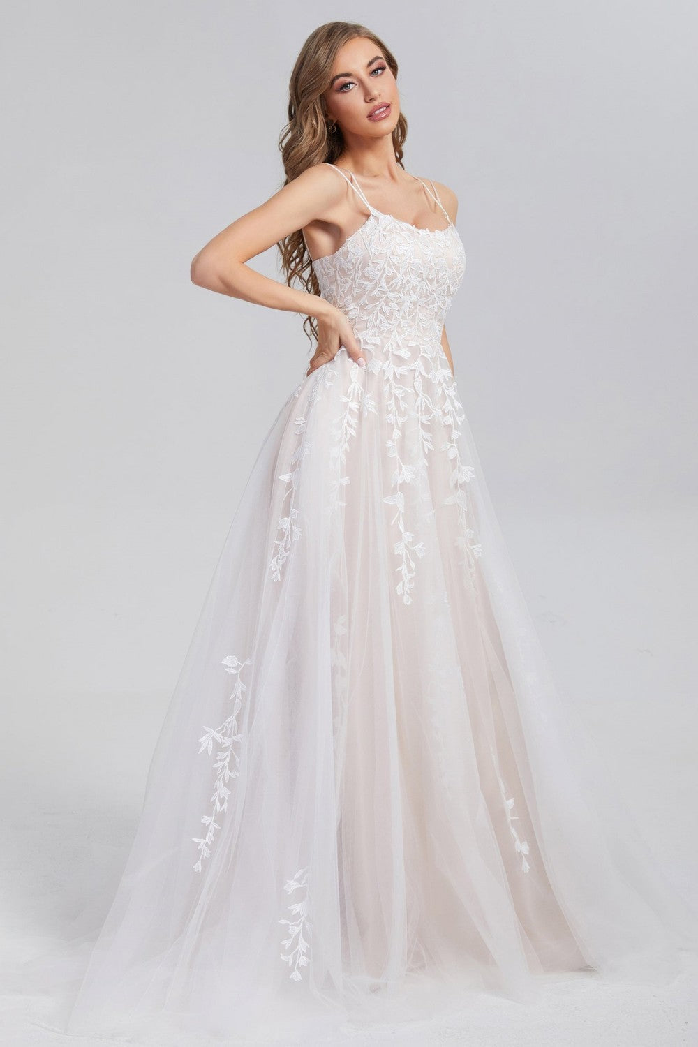 A Line Appliques Spaghetti Straps Long Prom Dresses