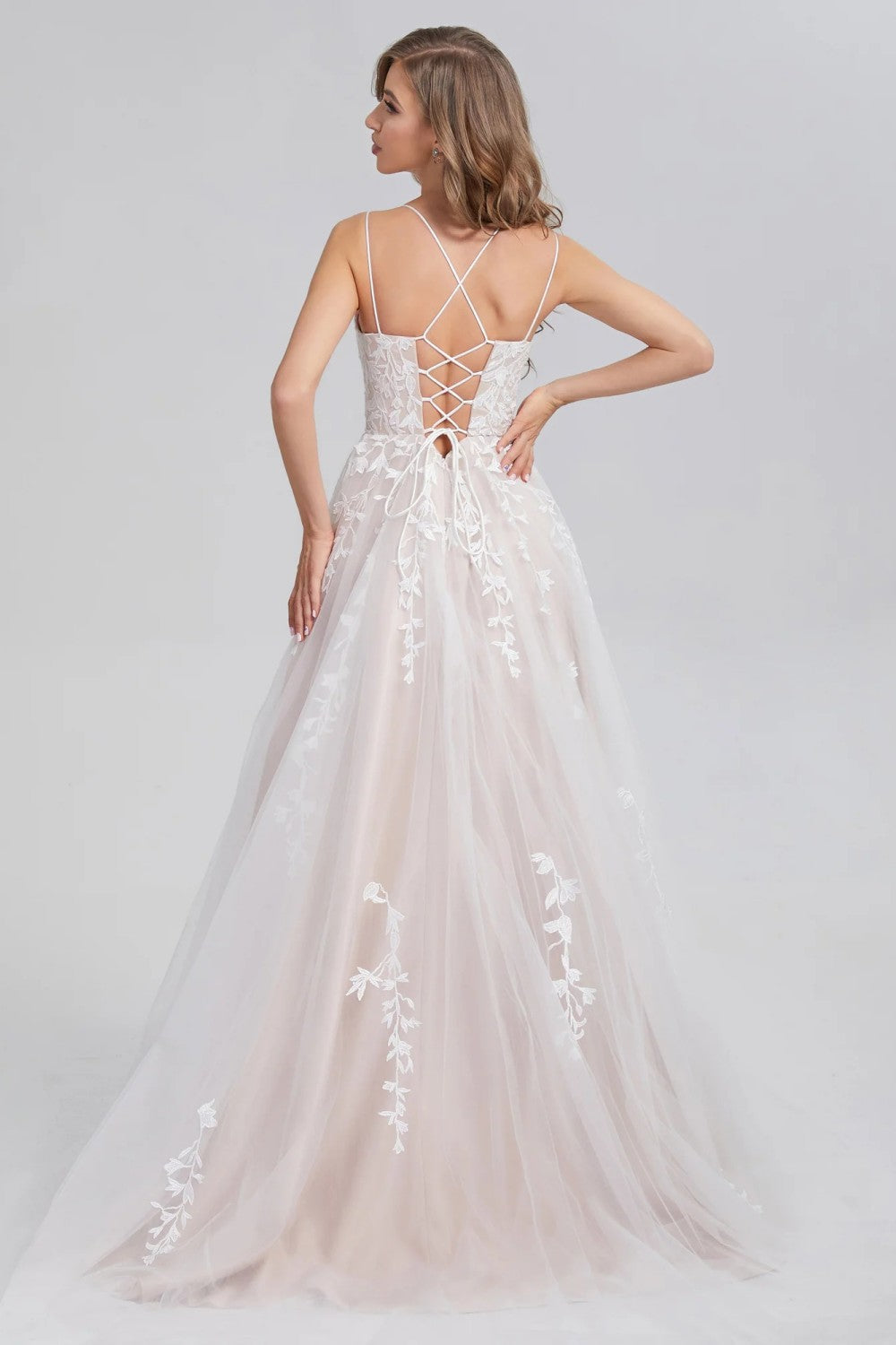 A Line Appliques Spaghetti Straps Long Prom Dresses