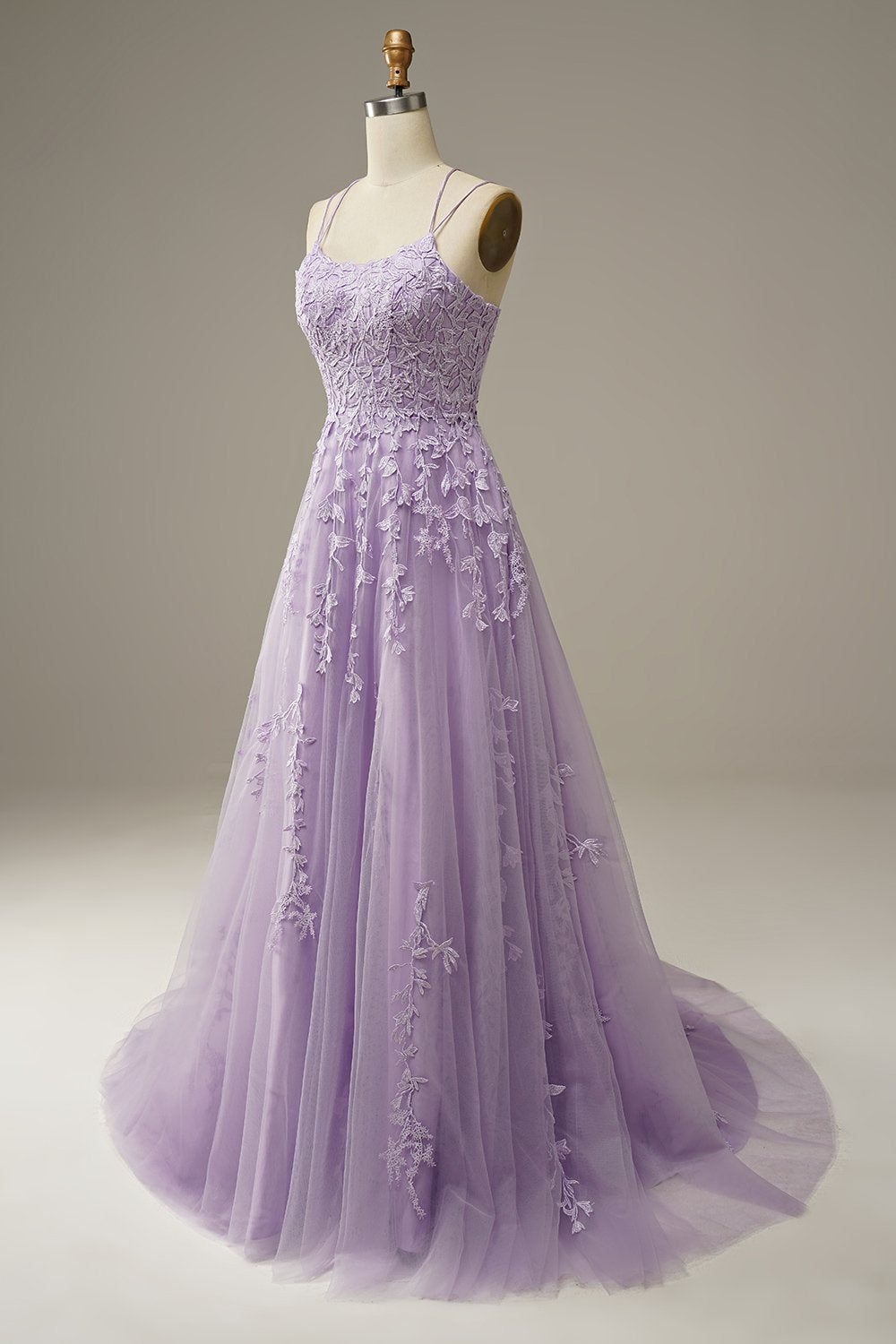 A Line Appliques Spaghetti Straps Long Prom Dresses