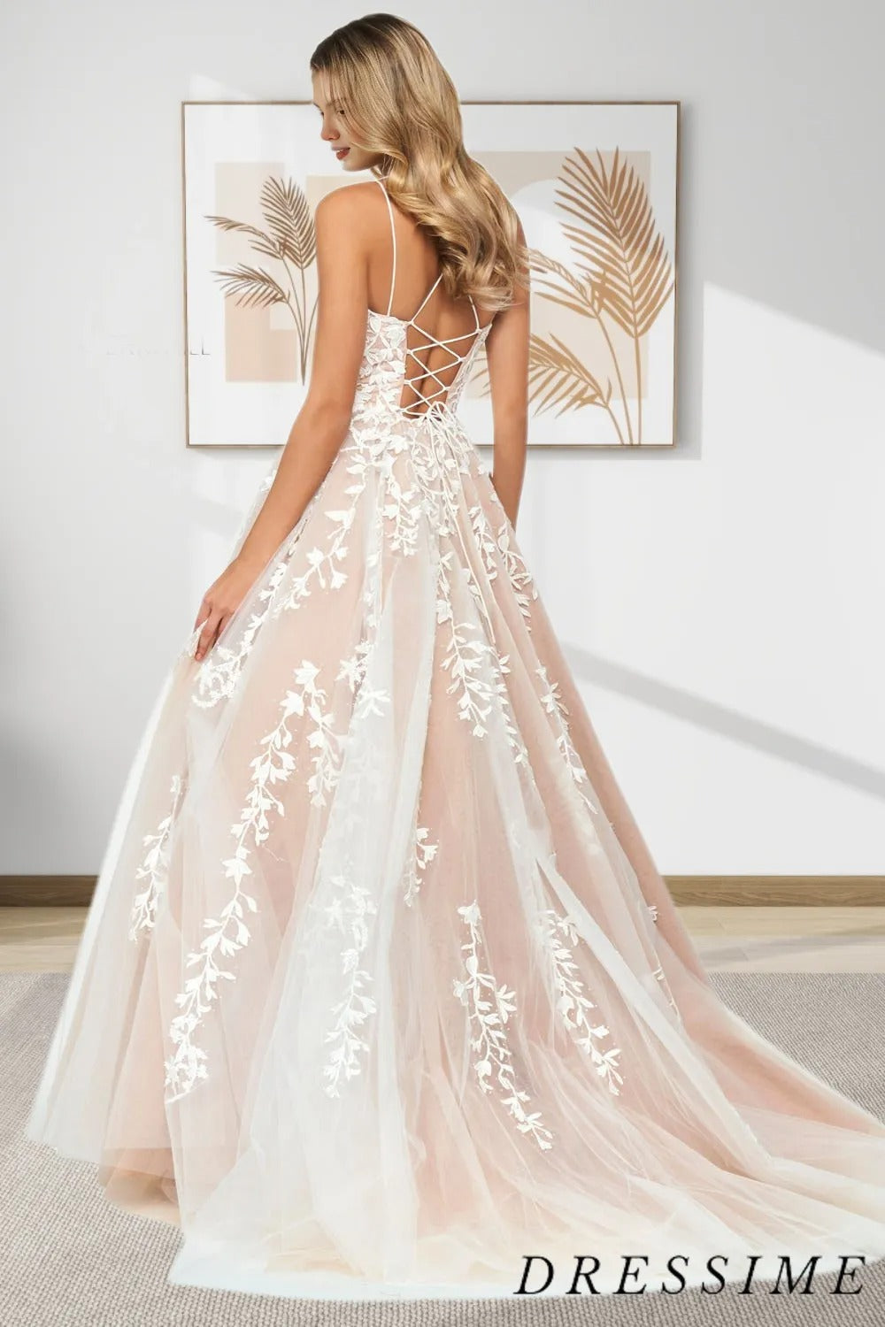 A Line Appliques Spaghetti Straps Long Prom Dresses