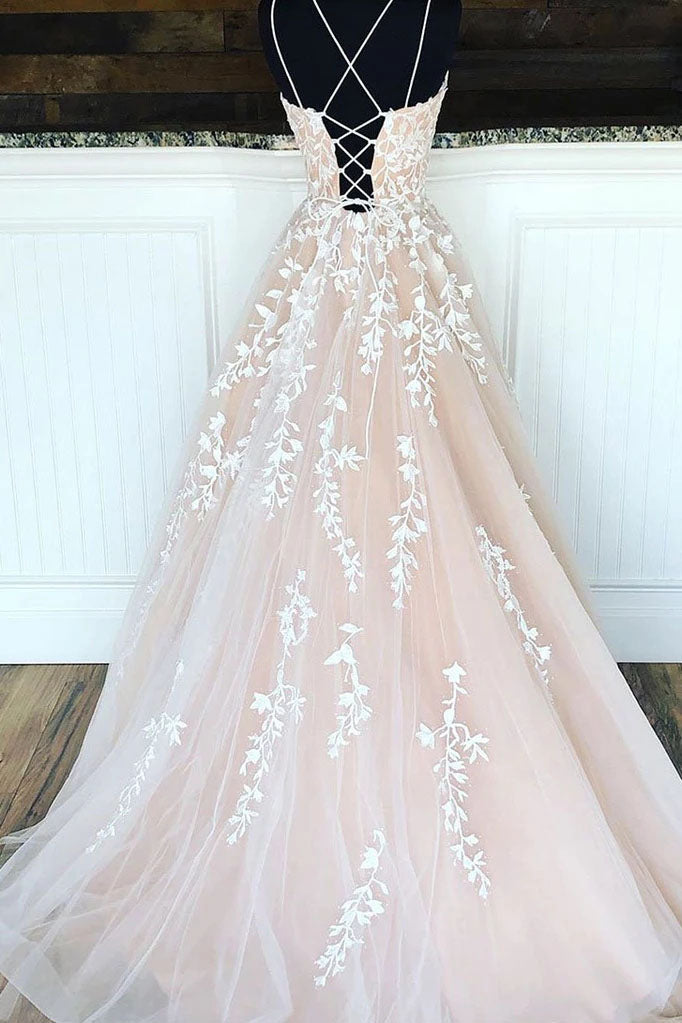 A Line Appliques Spaghetti Straps Long Prom Dresses