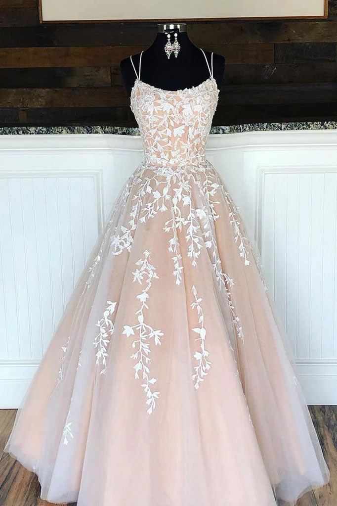 A Line Appliques Spaghetti Straps Long Prom Dresses