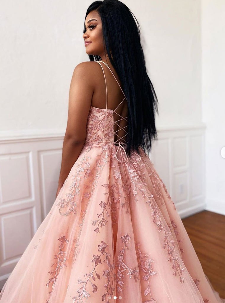 A Line Appliques Spaghetti Straps Long Prom Dresses