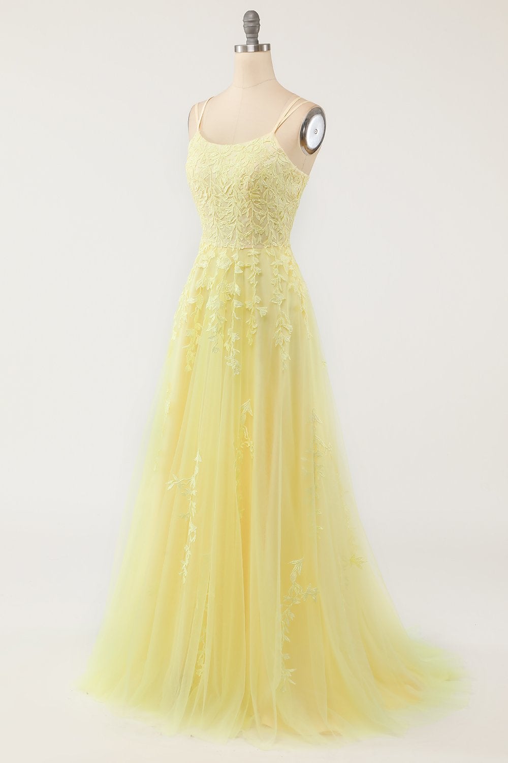 A Line Appliques Spaghetti Straps Long Prom Dresses