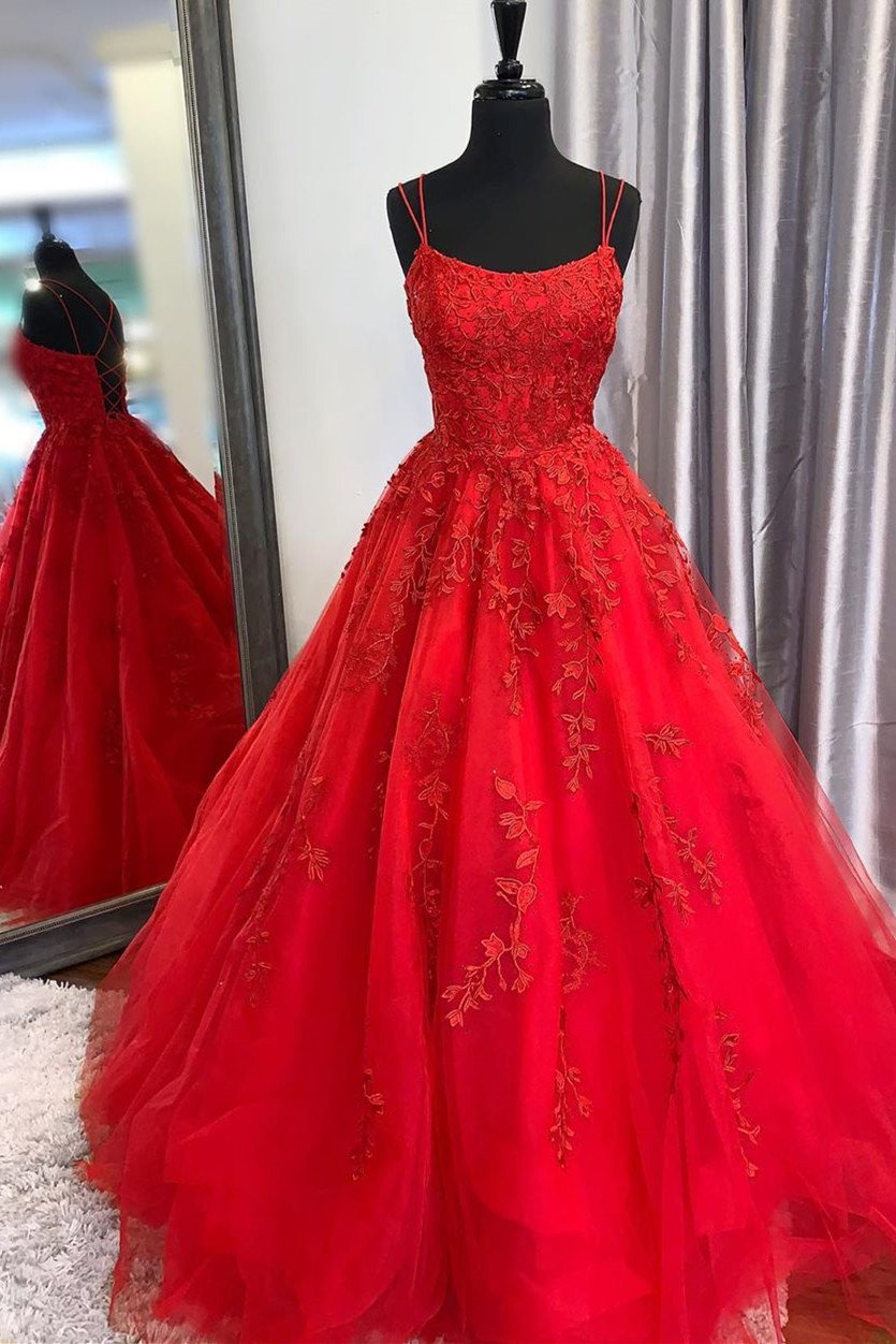 A Line Appliques Spaghetti Straps Long Prom Dresses