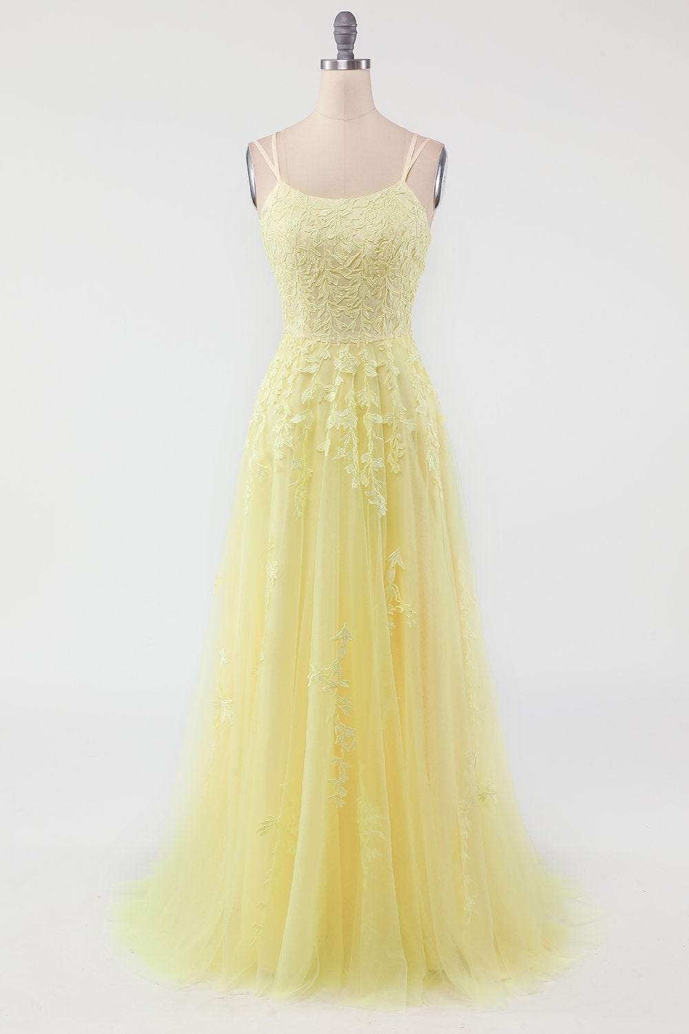 A Line Appliques Spaghetti Straps Long Prom Dresses