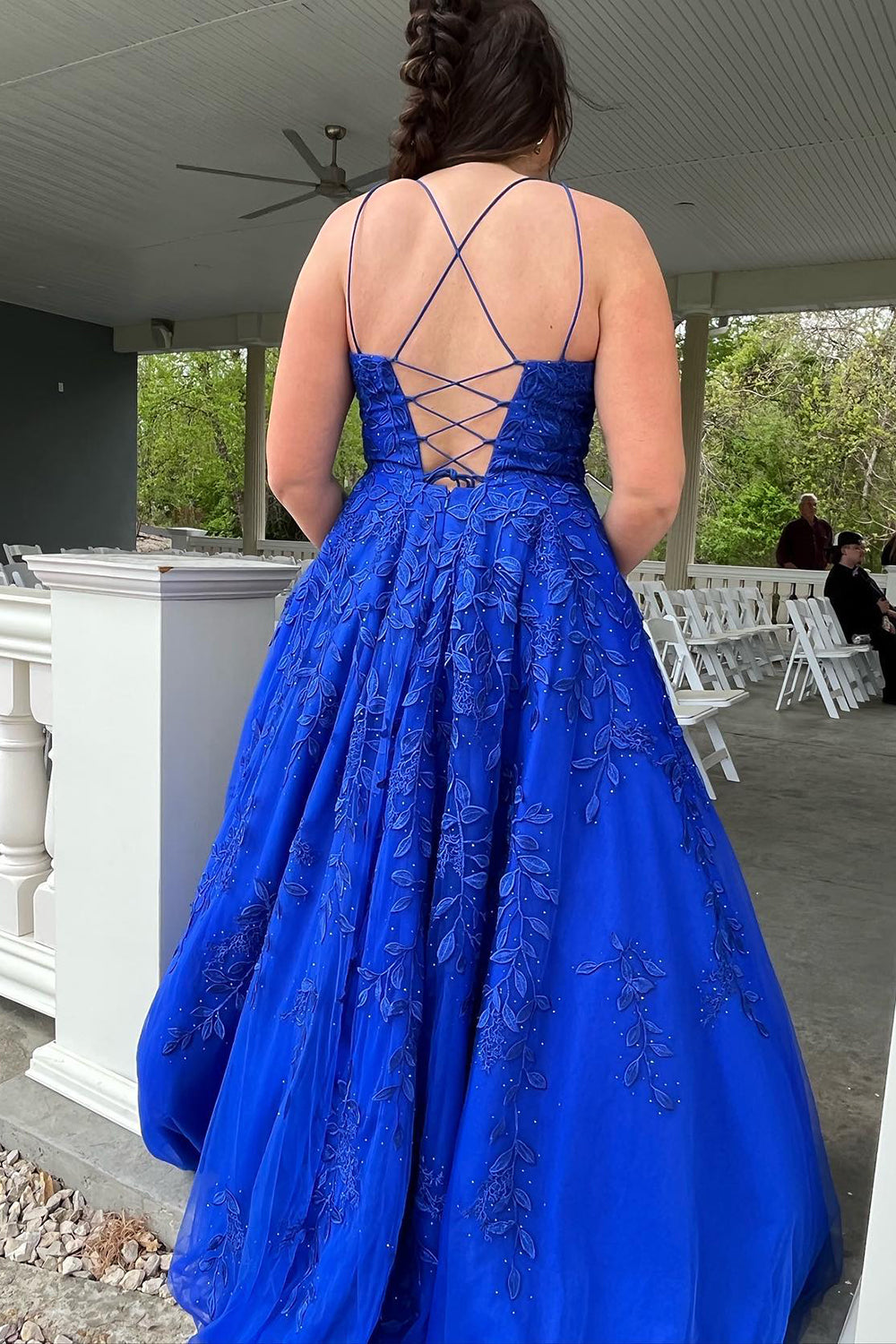 A Line Appliques Spaghetti Straps Long Prom Dresses