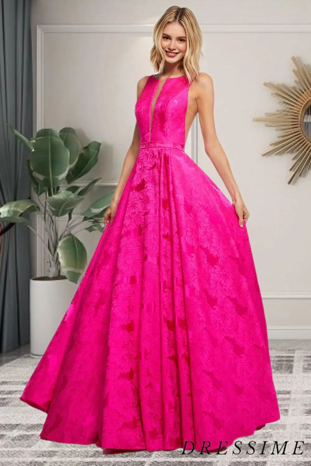 A Line Bateau Sleeveless Floral Satin Prom Dress
