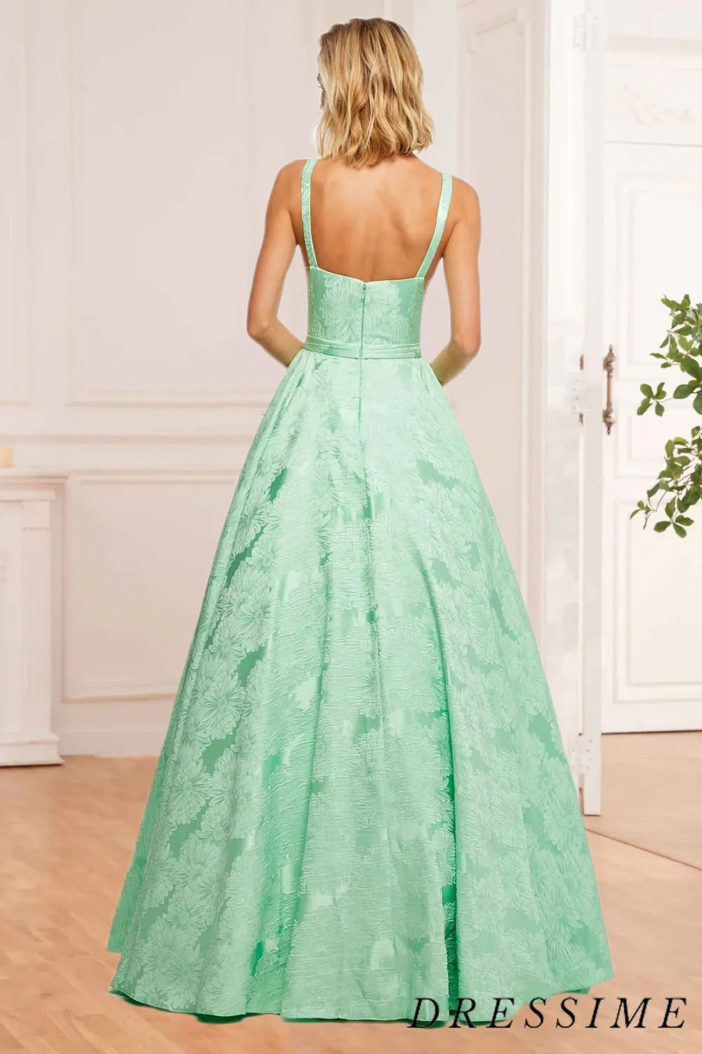A Line Bateau Sleeveless Floral Satin Prom Dress
