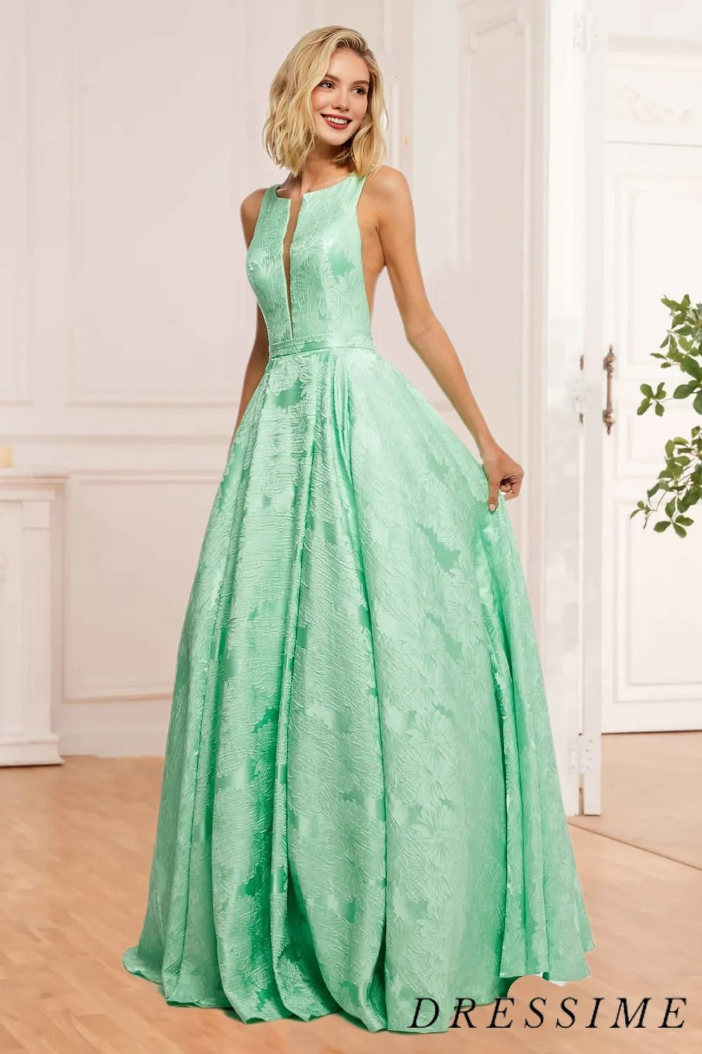 Dressime A Line Bateau Sleeveless Floral Satin Prom Dress dressime