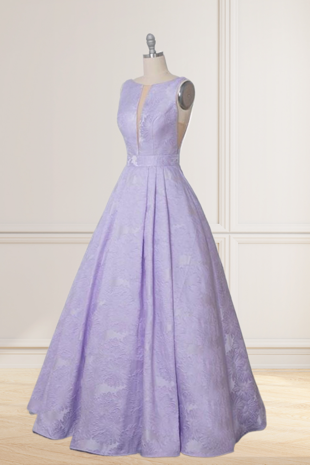 A Line Bateau Sleeveless Floral Satin Prom Dress