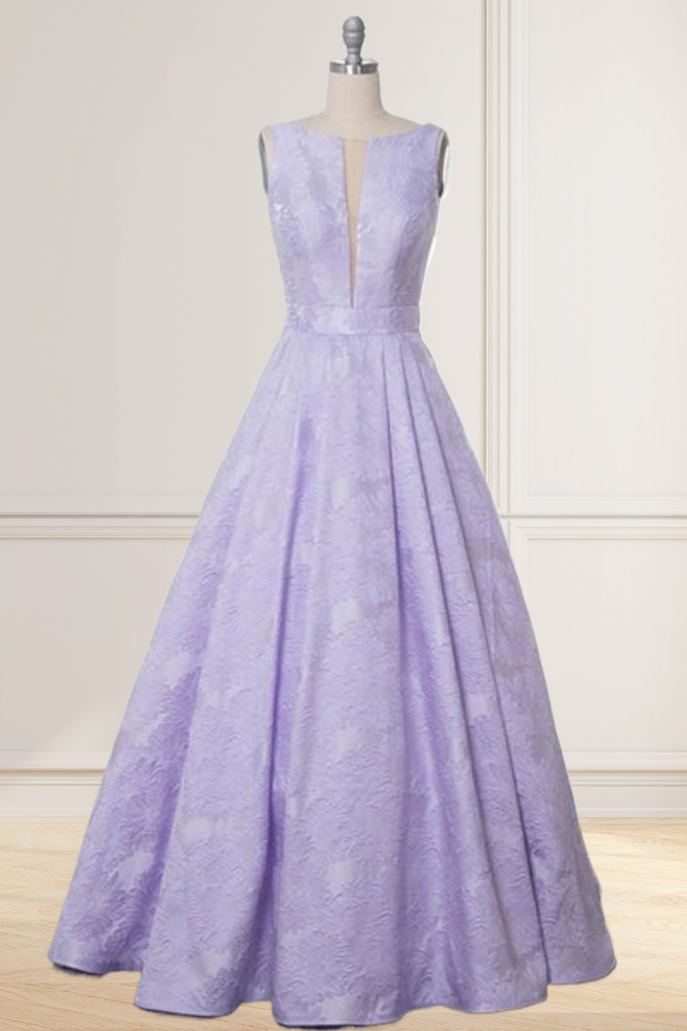 A Line Bateau Sleeveless Floral Satin Prom Dress