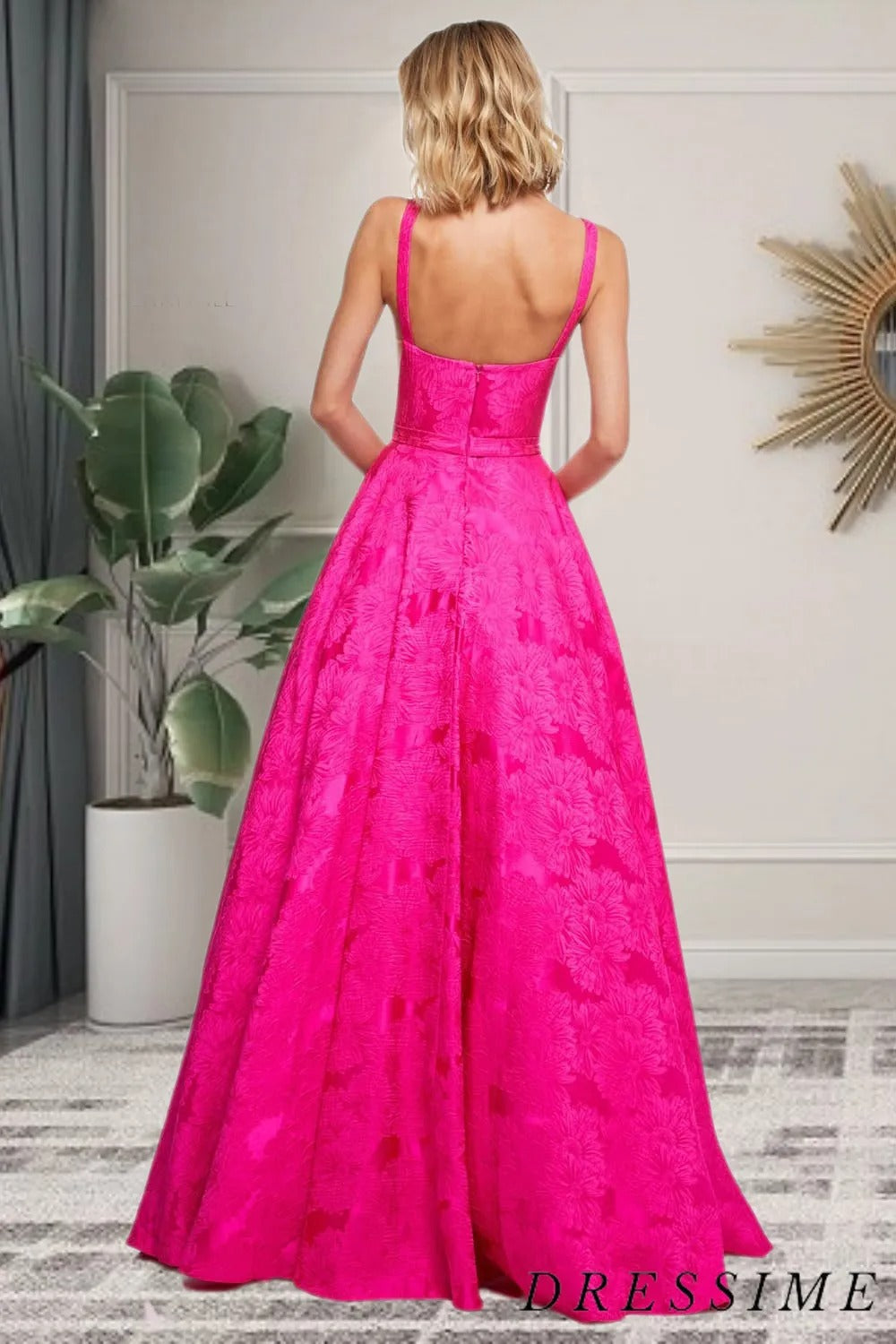 A Line Bateau Sleeveless Floral Satin Prom Dress
