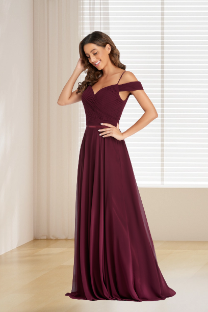 A Line Burgundy Off the Shoulder Floor Length Bridesmaid Dresses