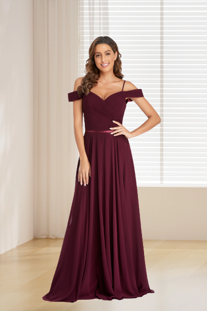 A Line Burgundy Off the Shoulder Floor Length Bridesmaid Dresses