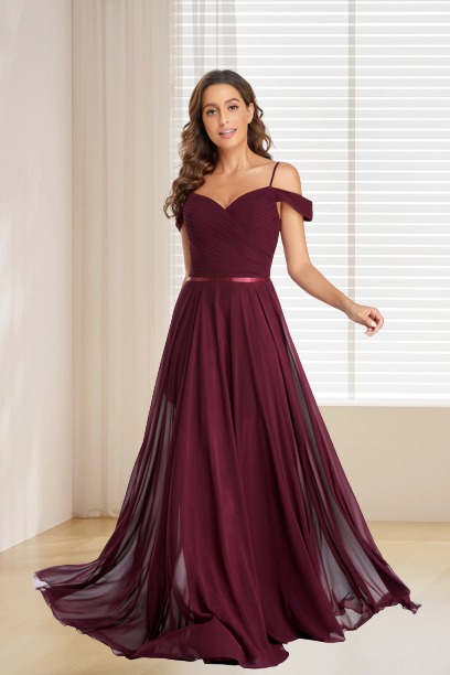 A Line Burgundy Off the Shoulder Floor Length Bridesmaid Dresses