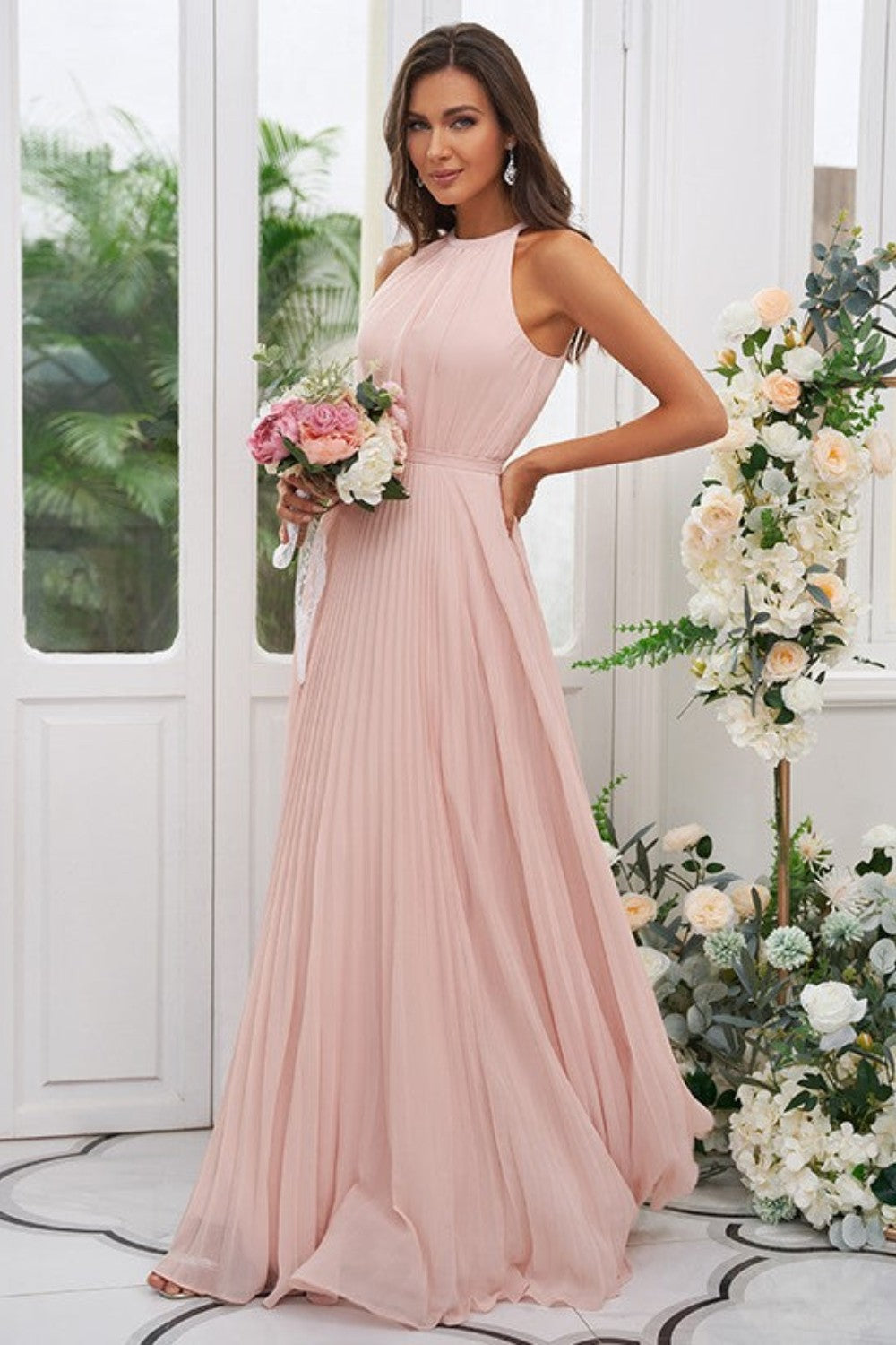 A Line Chiffon Halter Ruched Bodice Bridesmaid Dresses
