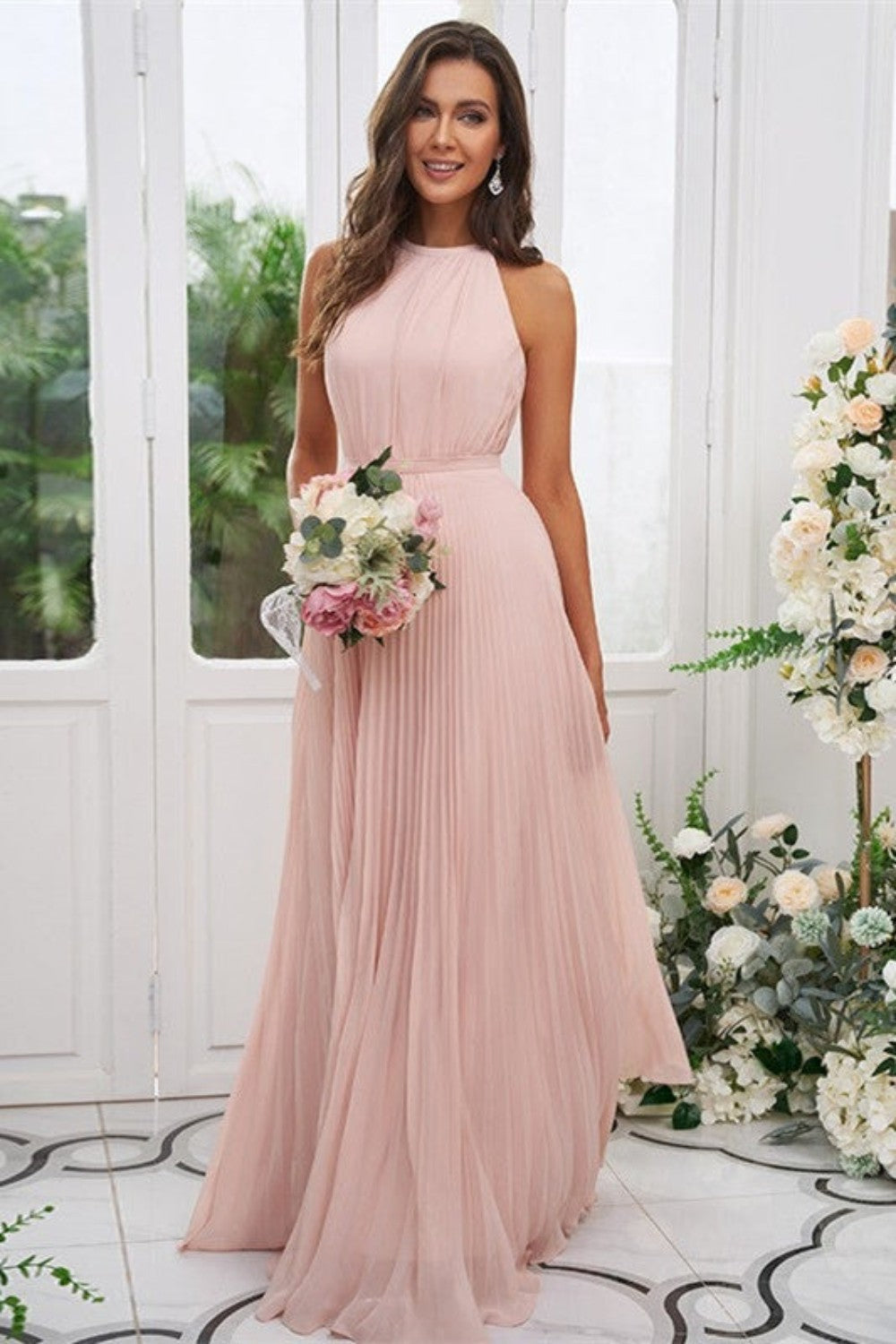 A Line Chiffon Halter Ruched Bodice Bridesmaid Dresses