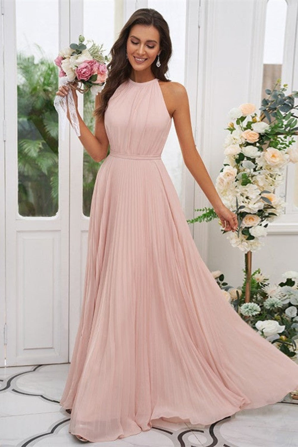 dressimeA Line Chiffon Halter Ruched Bodice Bridesmaid Dresses