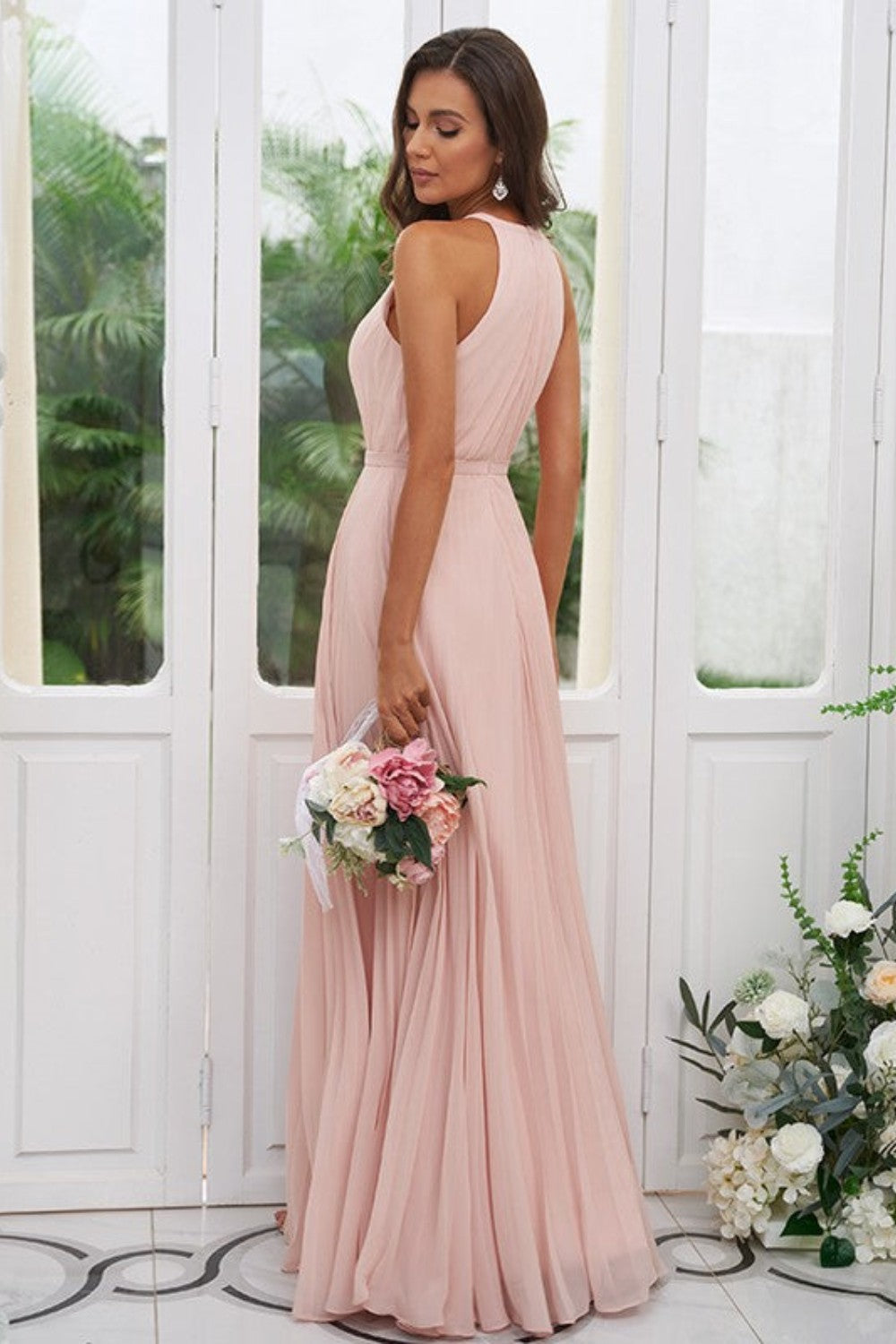 A Line Chiffon Halter Ruched Bodice Bridesmaid Dresses