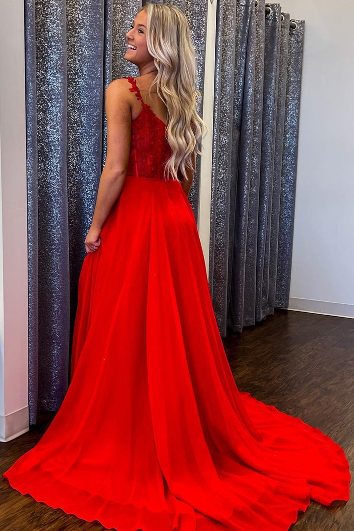 A Line Chiffon Off The Shoulder Strpas Prom Dresses With Slit