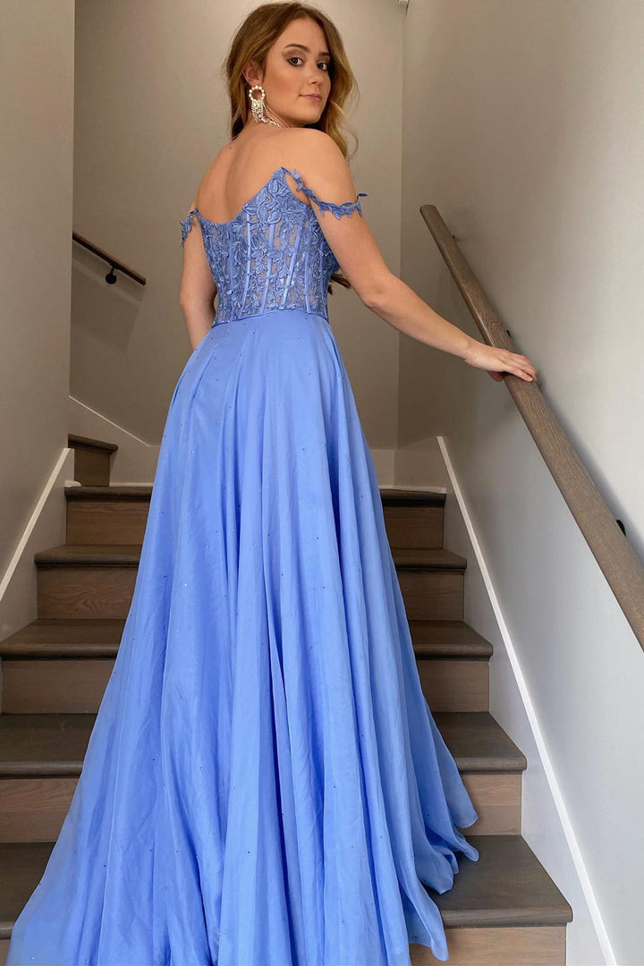 A Line Chiffon Off The Shoulder Strpas Prom Dresses With Slit