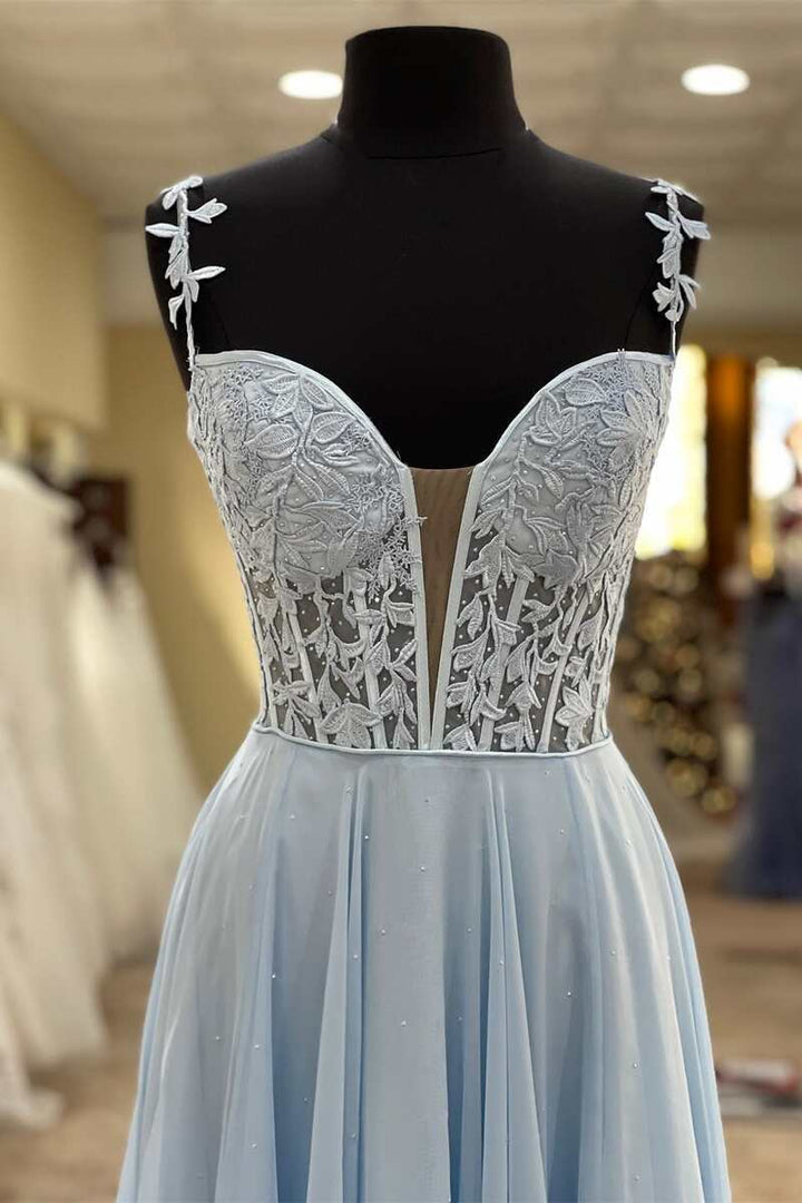 A Line Chiffon Off The Shoulder Strpas Prom Dresses With Slit