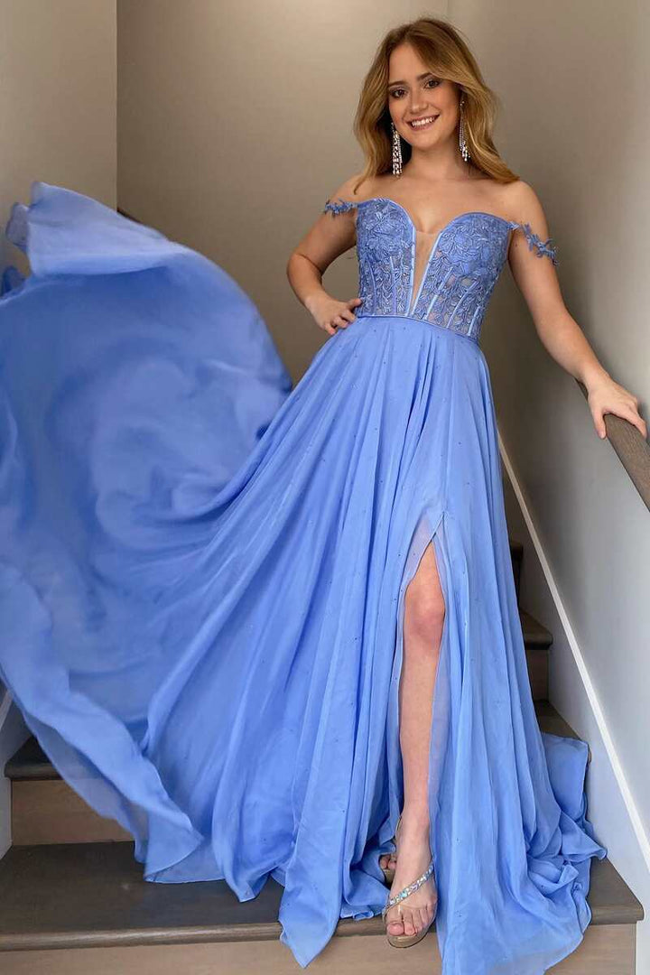 A Line Chiffon Off The Shoulder Strpas Prom Dresses With Slit