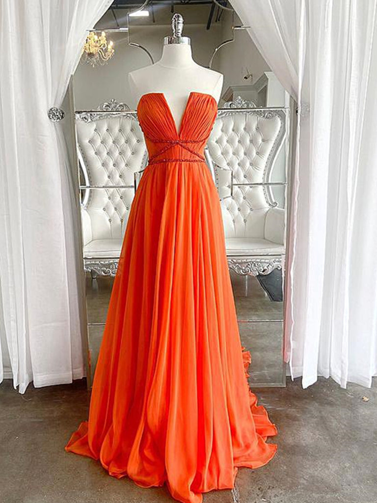 A Line Chiffon Strapless Long Prom Dress