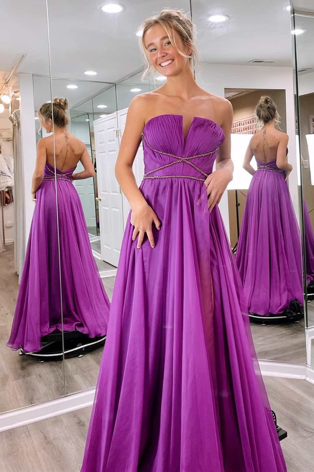 Dressime A Line Chiffon Strapless Long Prom Dress dressime