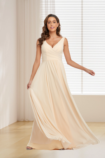 A Line Chiffon Straps V Neck Long Bridesmaid Dresses With Slit