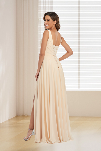 A Line Chiffon Straps V Neck Long Bridesmaid Dresses With Slit