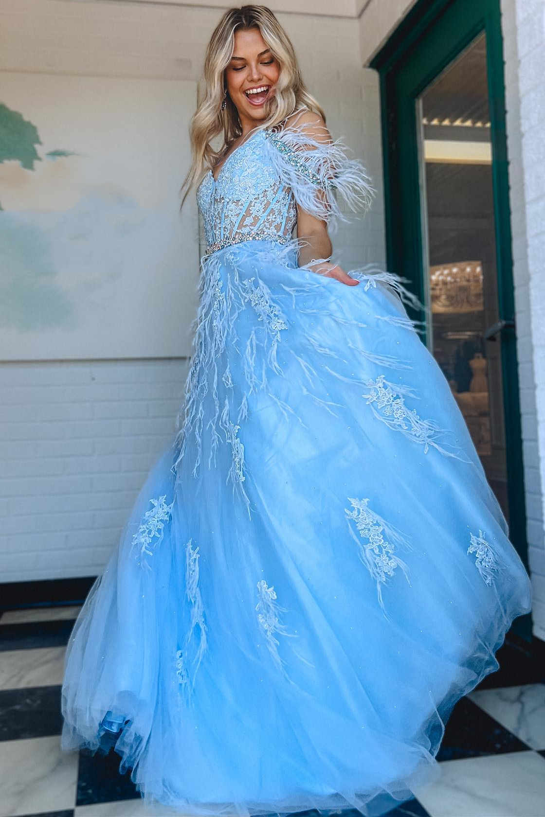 A Line Cold Shoulder Lace Corset Long Prom Dresses with Feathers