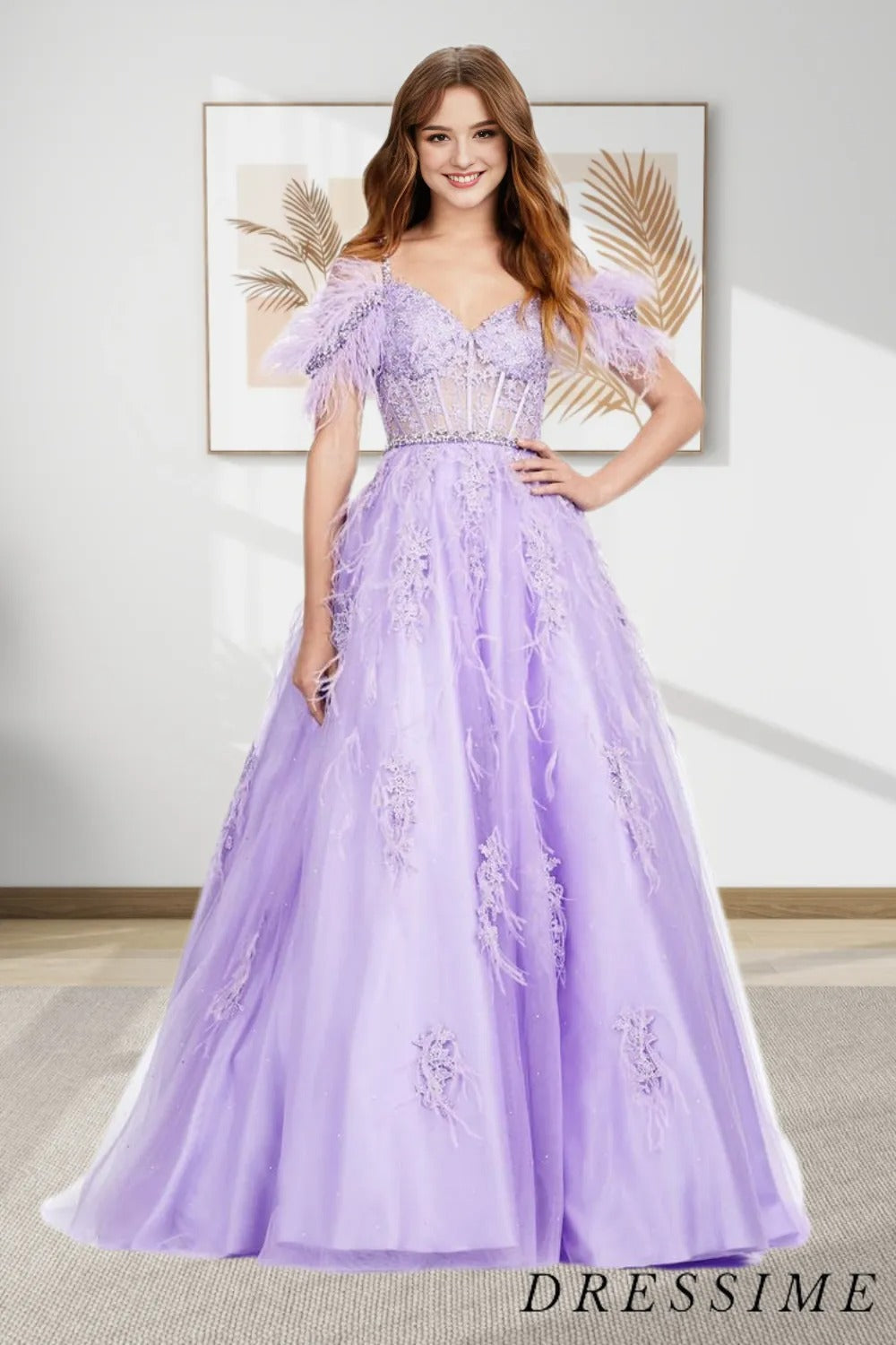 A Line Cold Shoulder Lace Corset Long Prom Dresses with Feathers