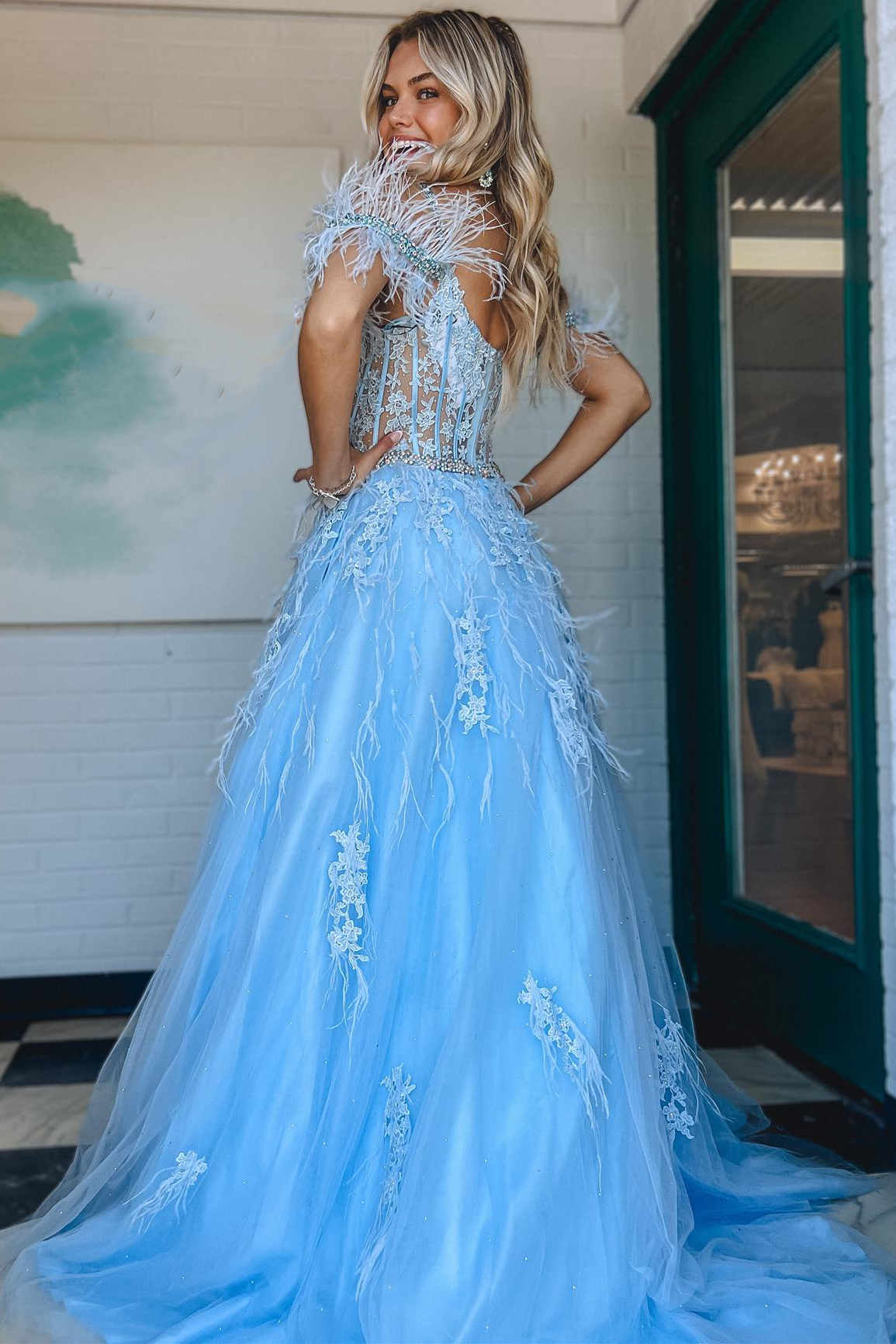 A Line Cold Shoulder Lace Corset Long Prom Dresses with Feathers