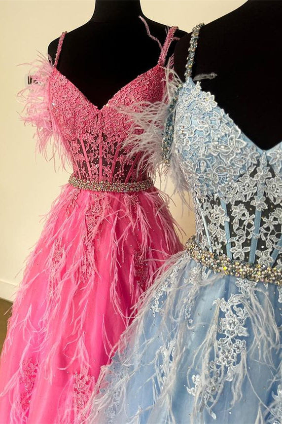 A Line Cold Shoulder Lace Corset Long Prom Dresses with Feathers