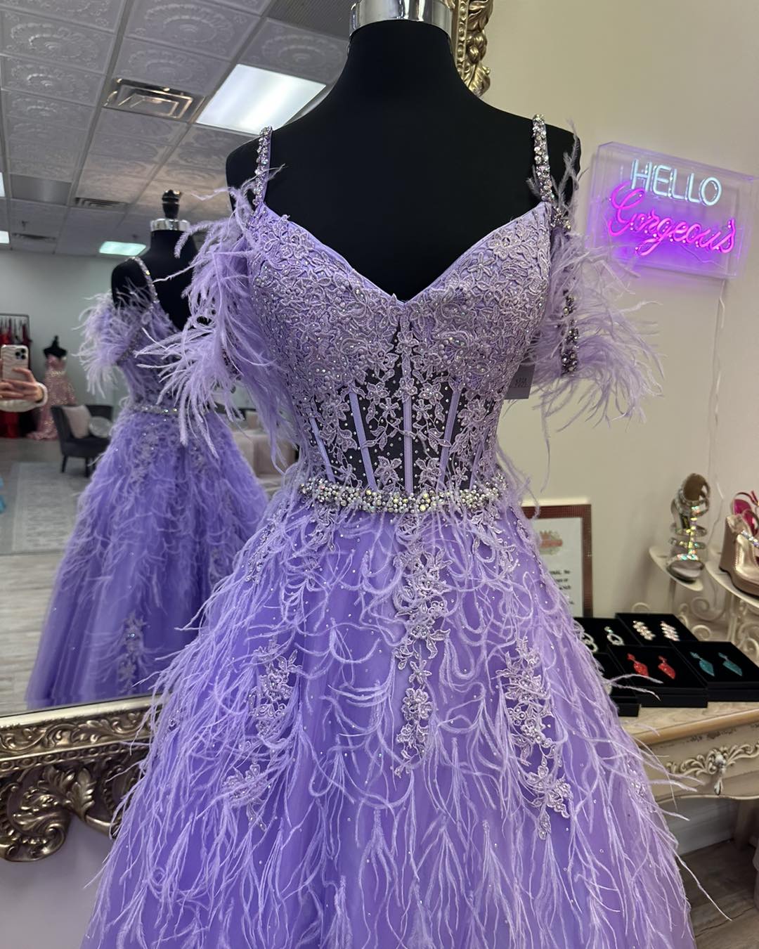 A Line Cold Shoulder Lace Corset Long Prom Dresses with Feathers