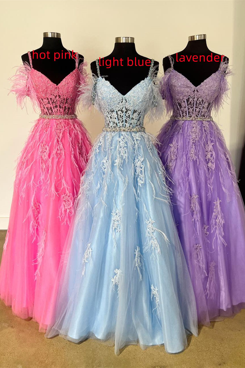dressimeA Line Cold Shoulder Lace Corset Long Prom Dresses with Feathers