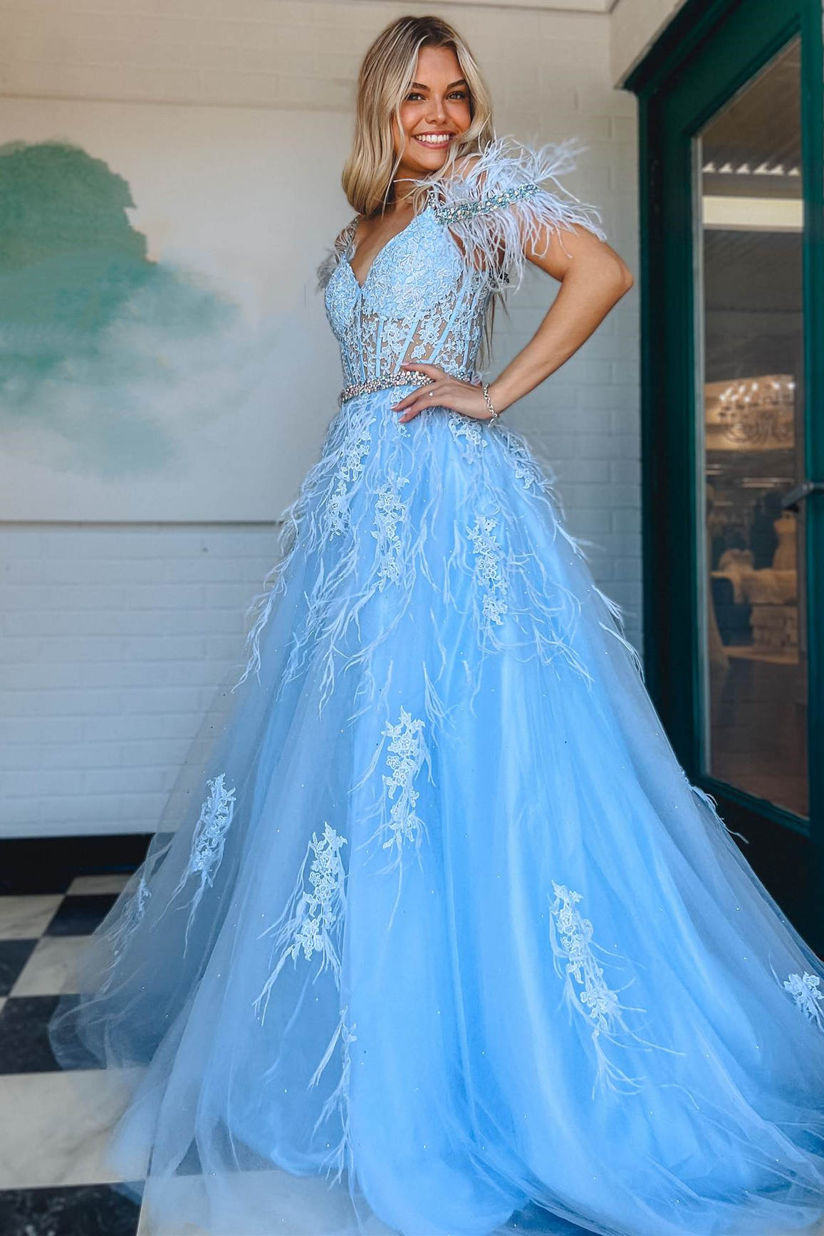 A Line Cold Shoulder Lace Corset Long Prom Dresses with Feathers