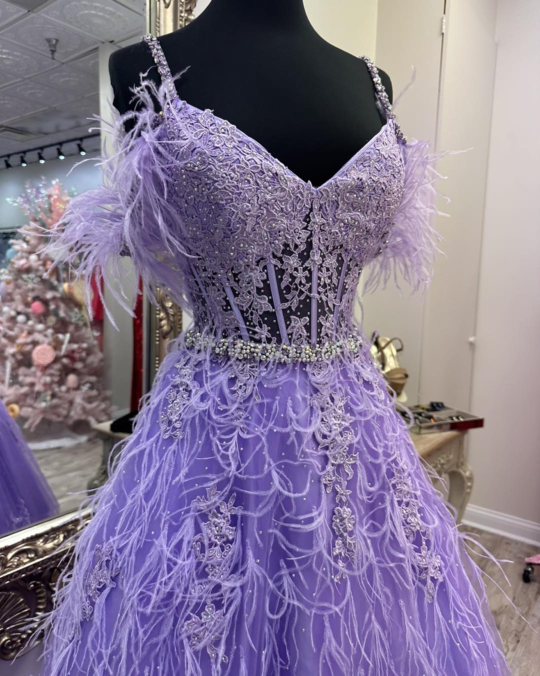A Line Cold Shoulder Lace Corset Long Prom Dresses with Feathers