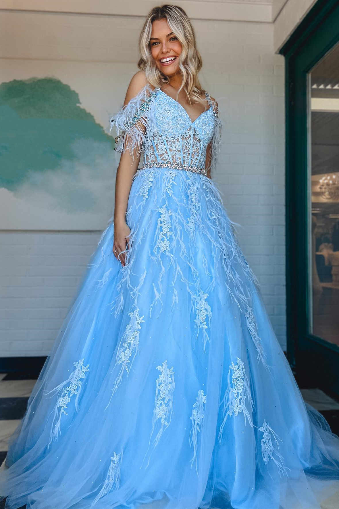 A Line Cold Shoulder Lace Corset Long Prom Dresses with Feathers