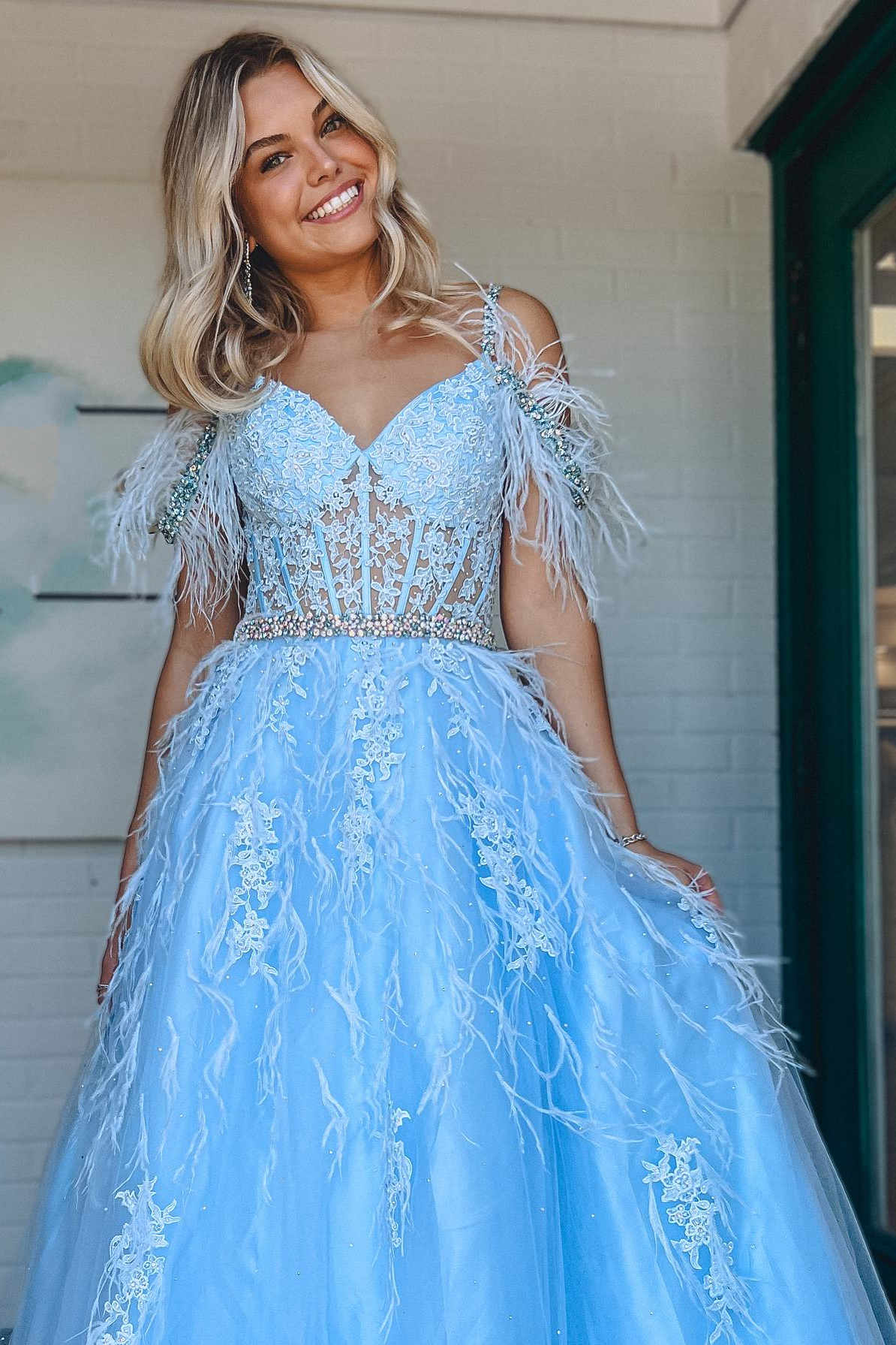 A Line Cold Shoulder Lace Corset Long Prom Dresses with Feathers