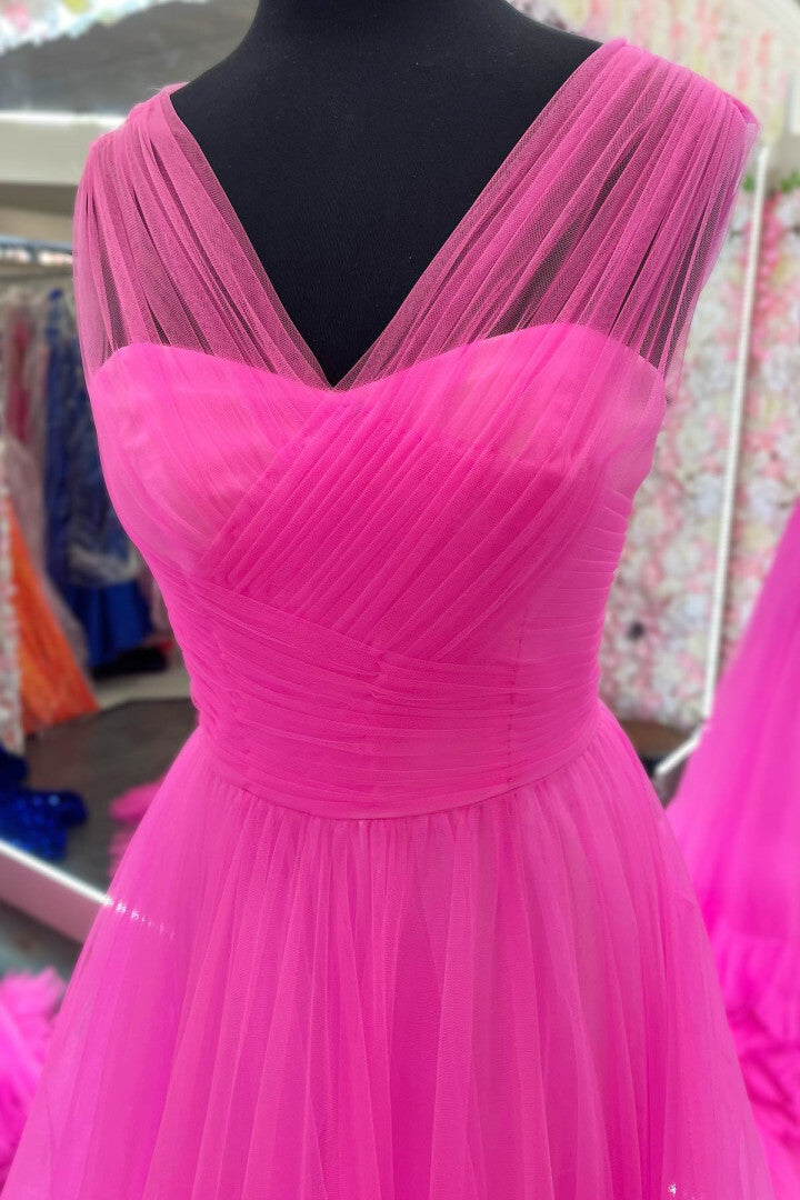 A Line Cross Tulle Tiered Long Prom Dress