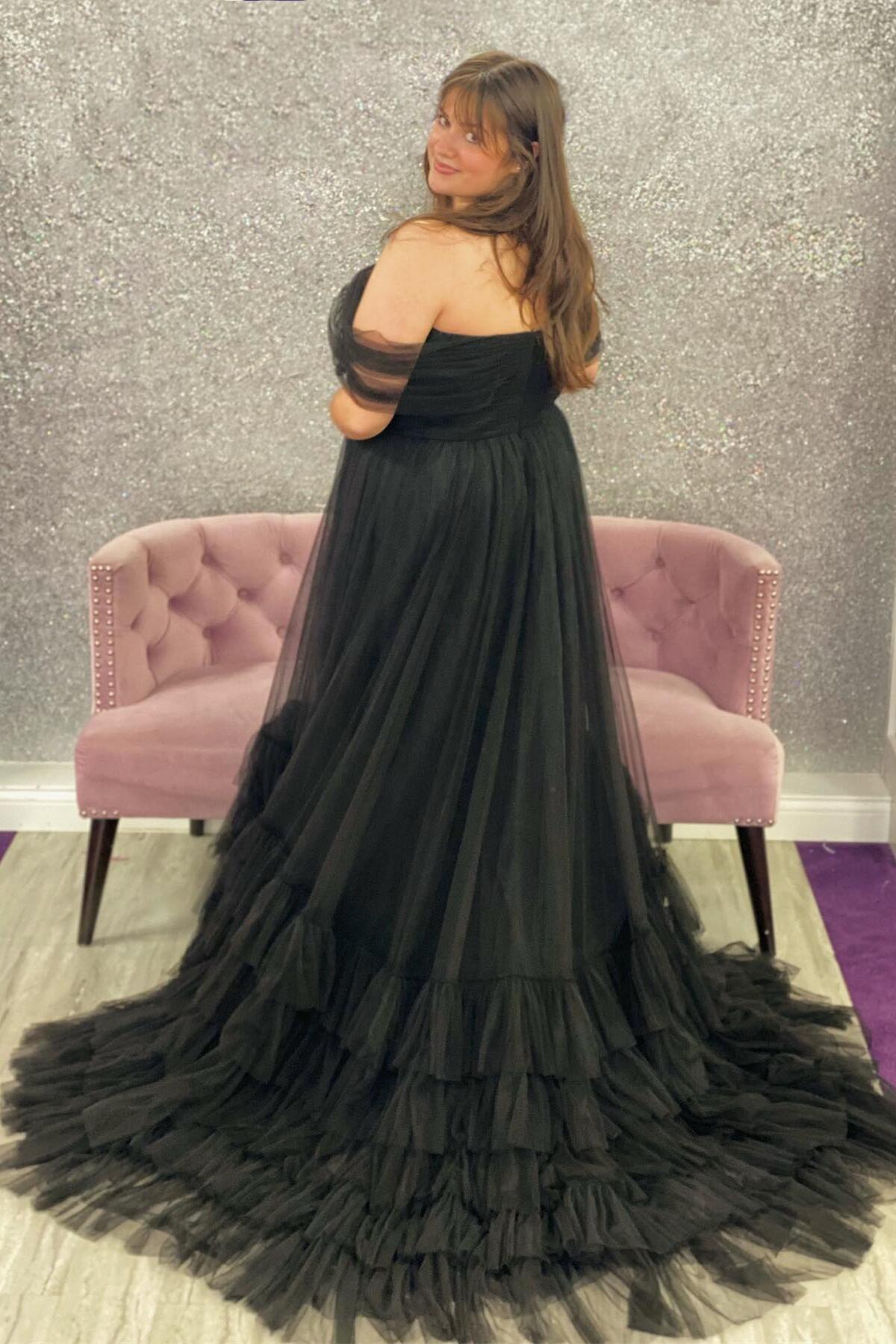 A Line Cross Tulle Tiered Long Prom Dress