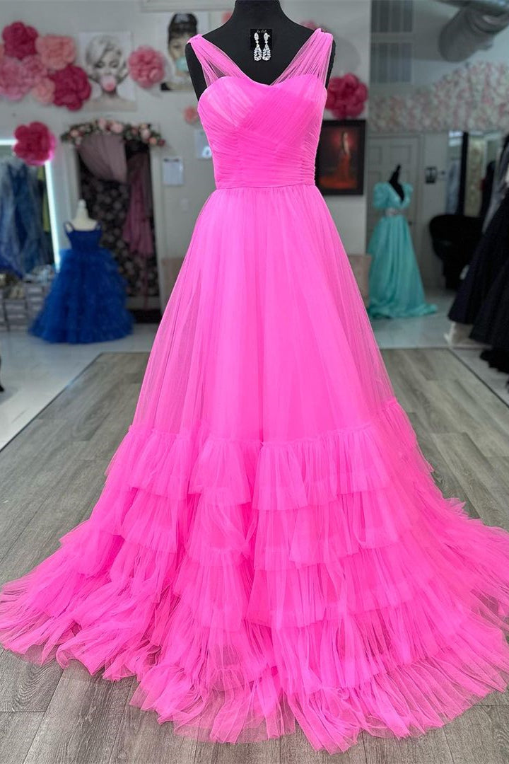 A Line Cross Tulle Tiered Long Prom Dress