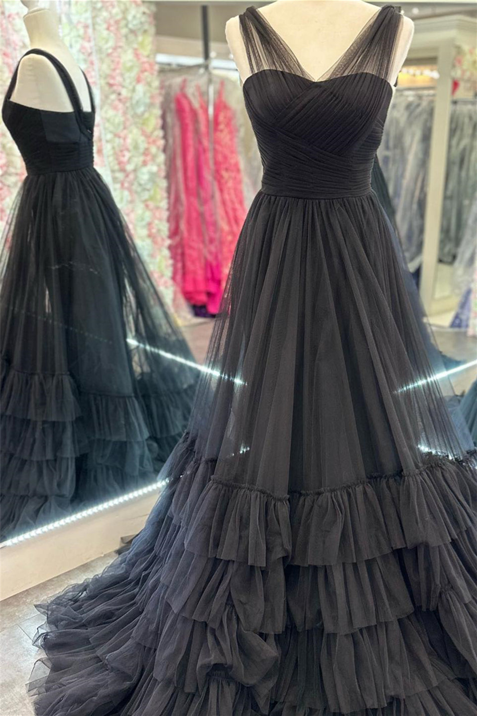 A Line Cross Tulle Tiered Long Prom Dress